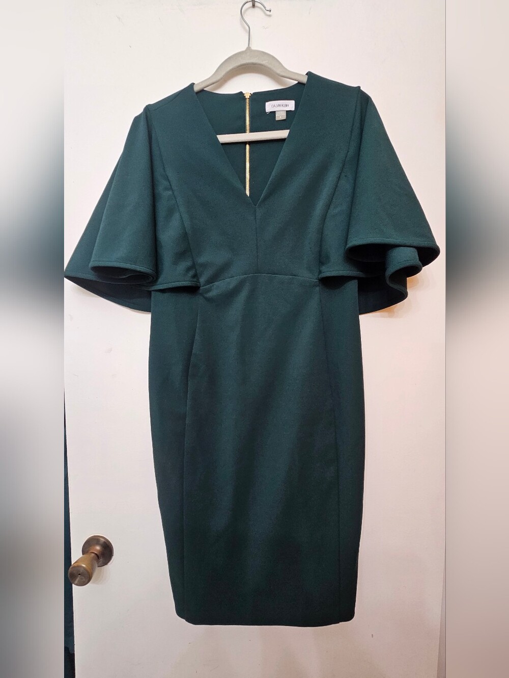 Calvin Klein Deep Green V-Neck Midi Dress with Flared Cape Sleeves